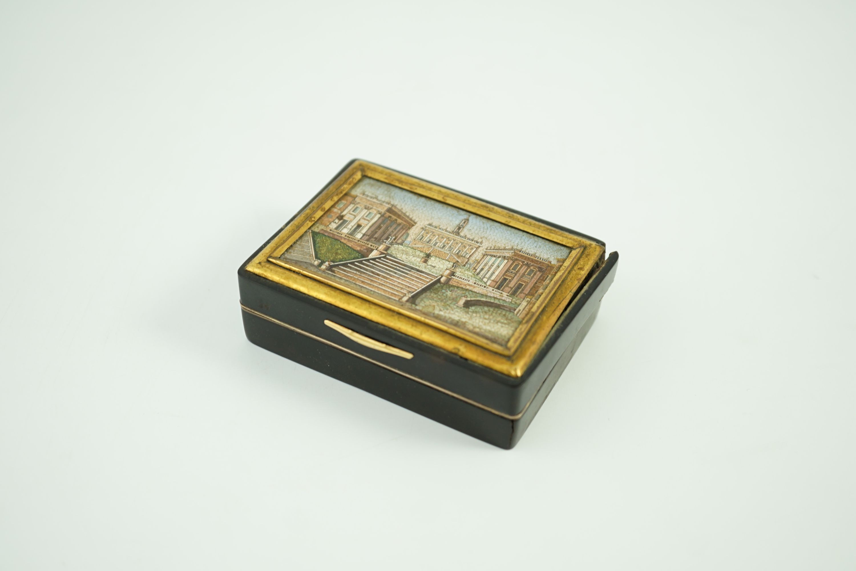 A 19th century French micro mosaic topped gold mounted tortoiseshell snuff box, 8.5 x 6.25cm, 2.5cm high